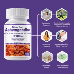 2100mg Ashwagandha With Black Pepper Extract Stress Relief Mood Support 120 Caps