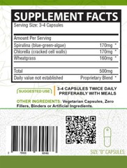 PURE ORGANIC SPIRULINA + CHLORELLA + WHEATGRASS EXTRACT CAPSULES (500mg)