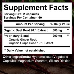 Organic Beet Root Grape Seed Supports Blood Pressure, Nitric Oxide 120 Capsules