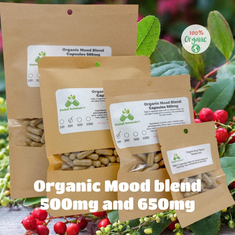 Organic Mood Blend 500mg or 650mg vegetarian or pullulan capsules, NON GMO,