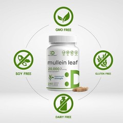 Mullein Leaf 20,000Mg, 240 Veggie Capsules – 20:1 Max Strength Leaf Extract NEW