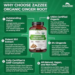 Organic Ginger Root Extract Capsules – 20:1 Potency, 5% Gingerols, 100 Count