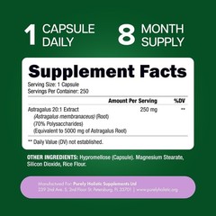 Astragalus Root Extract Capsules 20:1 Immune Support 250 Count