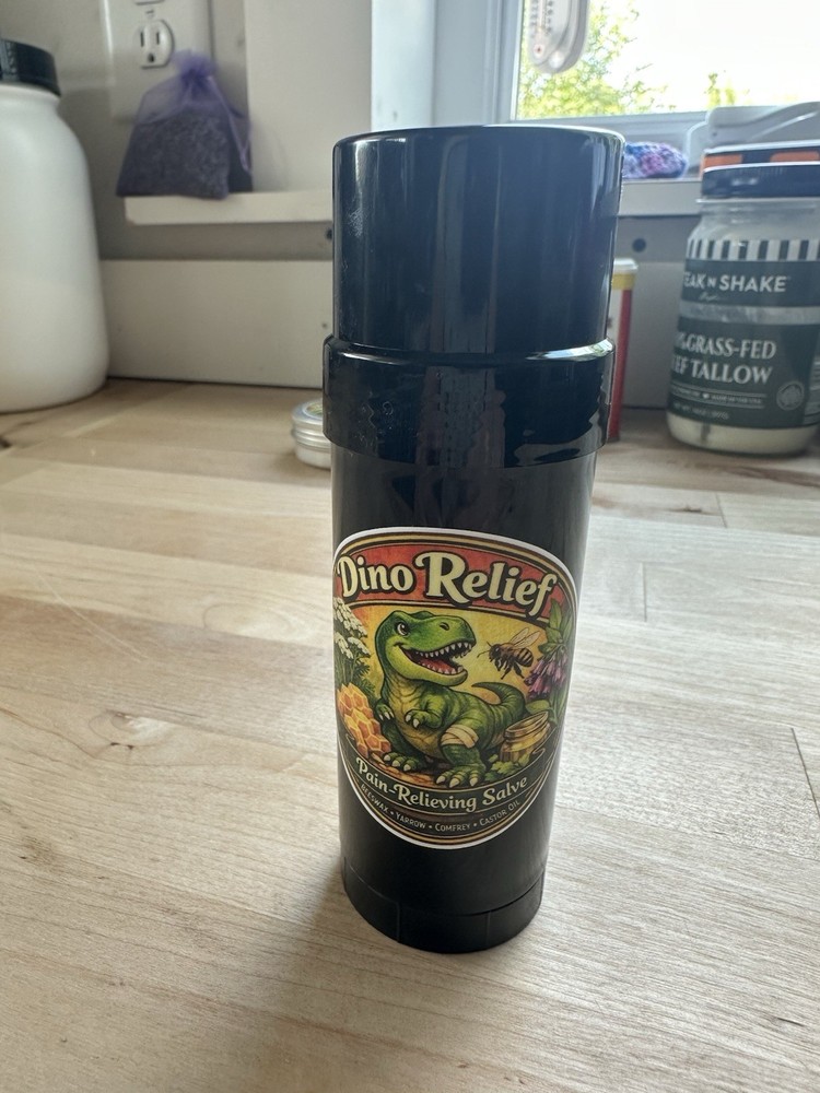Dino Relief: A Comfrey and Yarrow infused pain-relieving salve