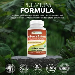 Antioxidant Rich 1000mg Bilberry Capsules – 90 Count, Made in USA, Non-GMO