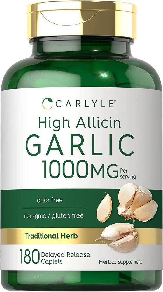 Garlic Supplement | High Allicin 1000mg | 180 Caplets | Odorless | by Carlyle