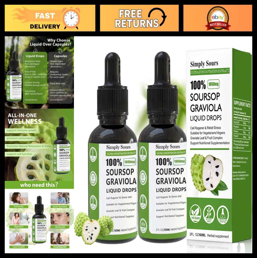 Organic Soursop Extract Drops – Pure Soursop Leaves & Fruit, Sugar/Gluten Free,