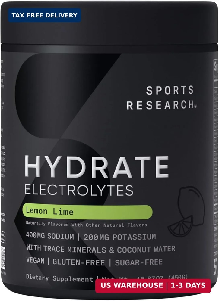 Sports Research® Hydrate Electrolytes Lemon Lime, 90 Servings | Sugar-Free & Fla
