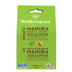 Wedderspoon Organic Manuka Honey Drops, Eucalyptus & Bee Propolis, 20 Count (Pac