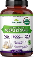 USDA Organic Odorless Garlic Extract 20:1, 100 Capsules for Heart Health