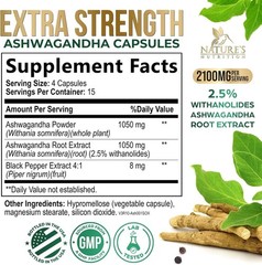 Organic Ashwagandha Capsules 2100mg Supplement w/ Black Pepper Root Powder