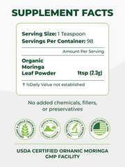 MORINGA Organic Moringa Powder, Premium 100% Leaf Powder Single Origin