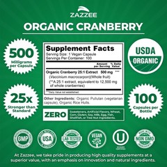 USDA Organic Cranberry 25:1 Extract – 500 mg, 100 Capsules for Urinary Health
