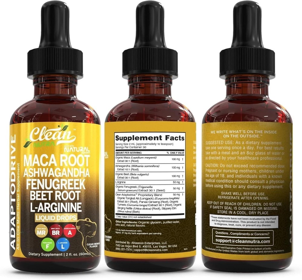3PACKS: Clean Nutra Adaptodrive Liquid Drops – Maca Root, Ashwagandha, Beet Root