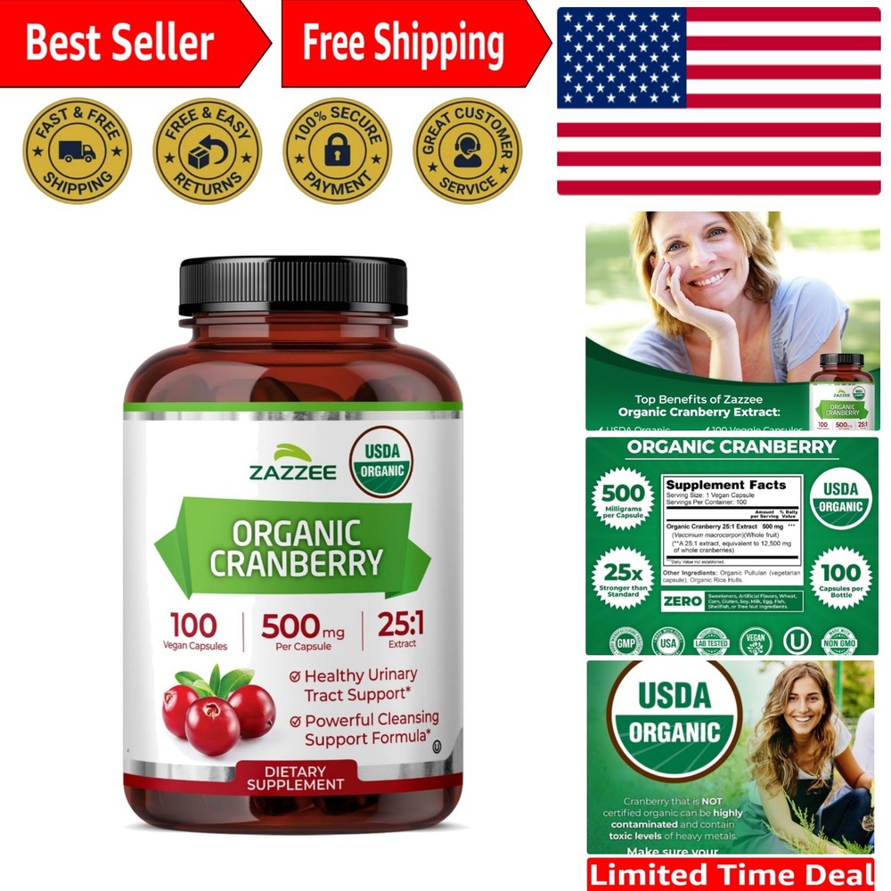 Potent 25:1 USDA Organic Cranberry Capsules, 500 mg, 100 Count for Energy Boost