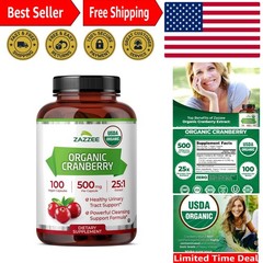 Potent 25:1 USDA Organic Cranberry Capsules, 500 mg, 100 Count for Energy Boost