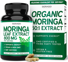 Organic Moringa Capsules 180 Count Pure Leaf Powder Supplement for Energy Skin