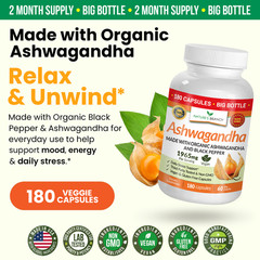 ✅ Organic Ashwagandha with Black Pepper – 180 Capsules For Stress Relief & Mood