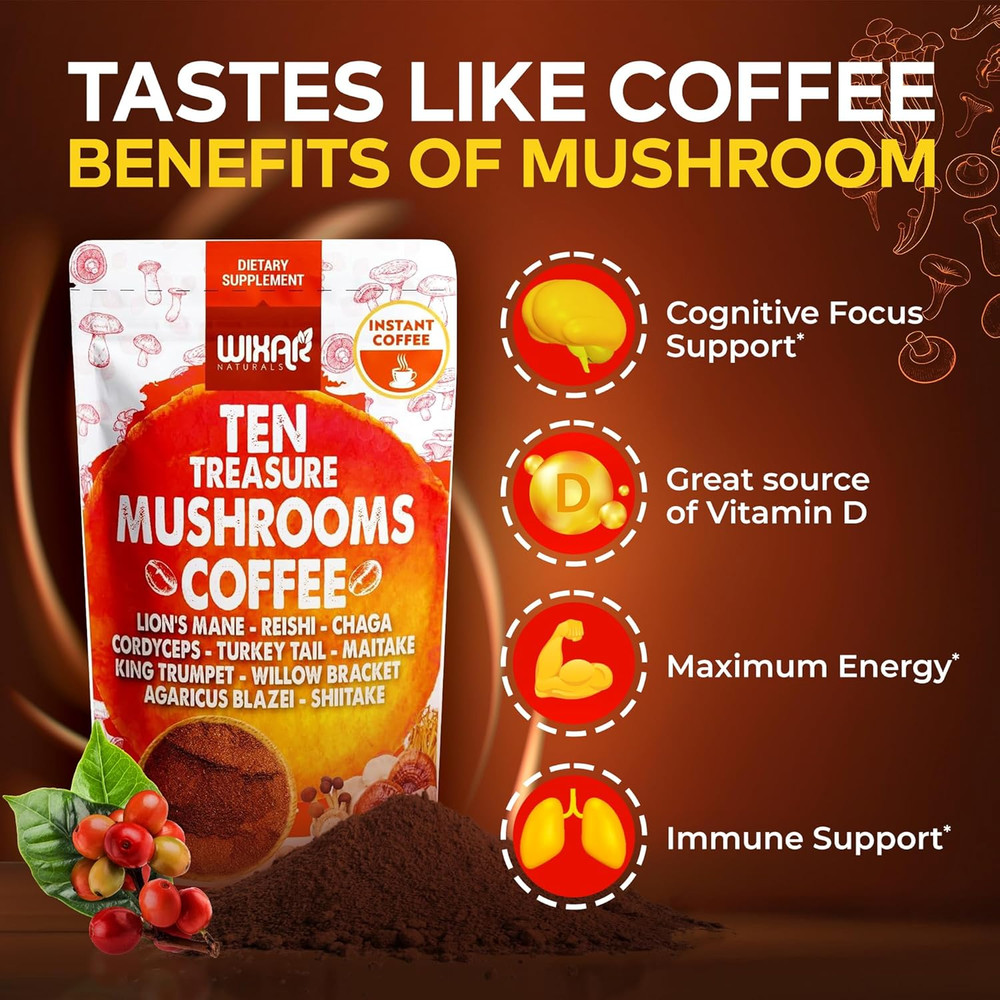 Wixar Mushroom Coffee Blend – Ten Treasure Mushrooms Extract Instant Coffee P…