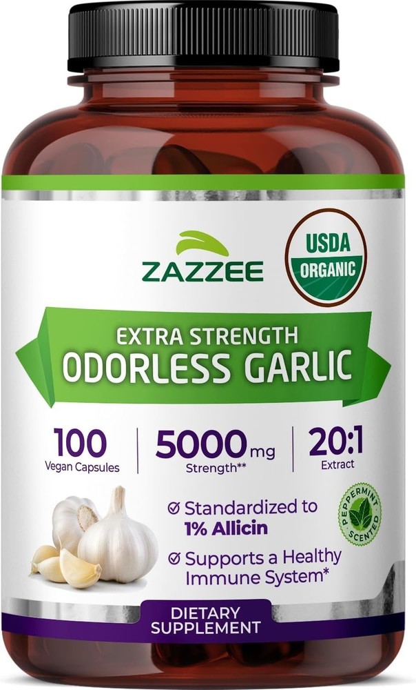 USDA Organic Odorless Garlic Extract 20:1, 100 Capsules for Heart Health
