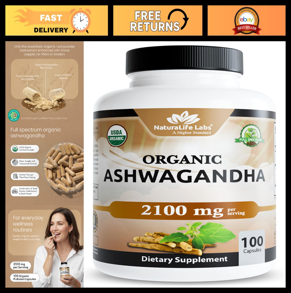 Organic Ashwagandha 2100mg – Full Spectrum Root Powder & Extract, 100 Vegan Caps