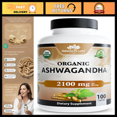 Organic Ashwagandha 2100mg – Full Spectrum Root Powder & Extract, 100 Vegan Caps
