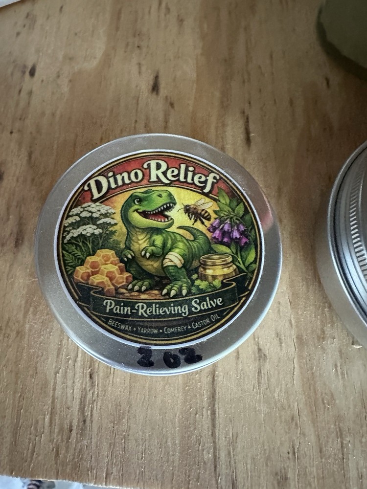 Dino Relief: A Comfrey and Yarrow infused pain-relieving salve