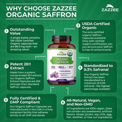 USDA Organic Saffron 20:1 Extract, 88.5 mg, 0.3% Safranal, 100 Vegan Capsules