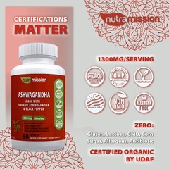Organic Ashwagandha Capsules 1300mg w/ Black Pepper Root Powder by NutraMission