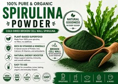 100% Pure Spirulina Powder 1000 g (2.2LB) GMO-Free, Kosher, Non-Irradiated