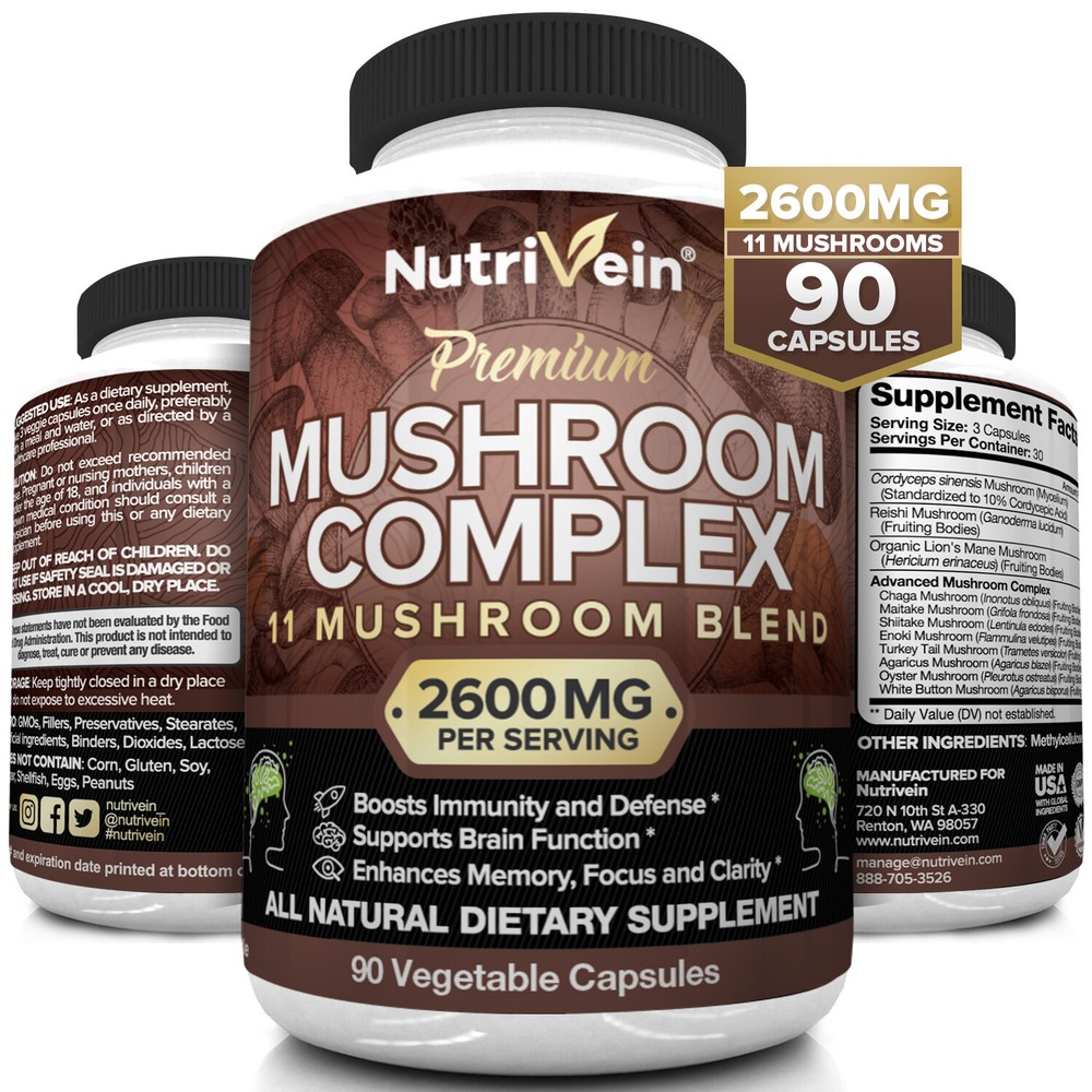 Nutrivein Mushroom Supplement 2600mg – 90 Capsules – 11 Blend Lions Mane Reishi