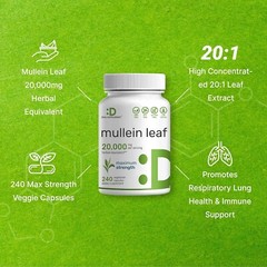 Mullein Leaf 20,000Mg, 240 Veggie Capsules – 20:1 Max Strength Leaf Extract NEW