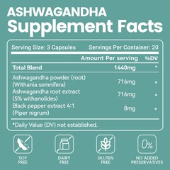 Ashwagandha Capsules 1440mg with Black Pepper Stress Adrenal Support 60 Capsules