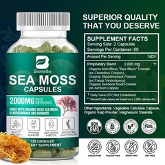 Organic Sea Moss Capsules 120ct Thyroid Support & Immune Booster w/Bladderwrack