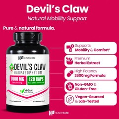Healthfare Devils Claw 2600mg 120 Caps Supports inflammation Back Joint Pain USA