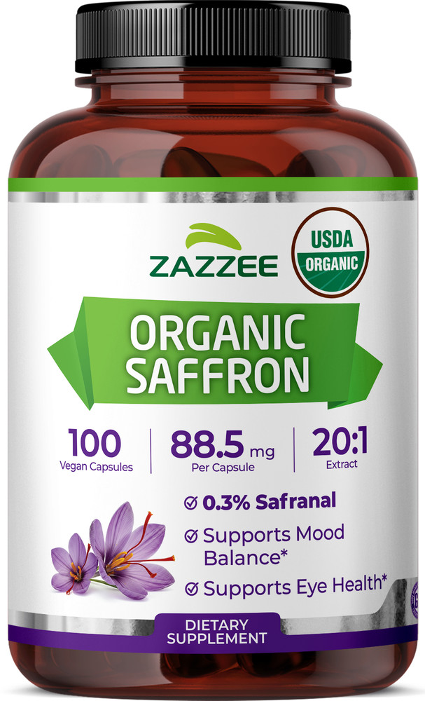 USDA Organic Saffron 20:1 Extract, 88.5 mg, 0.3% Safranal, 100 Vegan Capsules