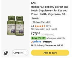 GNC Herbal Plus Bilberry Extract Lutein & Zeaxanthin Eye Health 60 Softgels