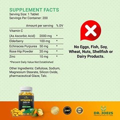 Dr. Joel’s Vitamin C 2000mg Tablets with Zinc, Elderberry – 200 Count