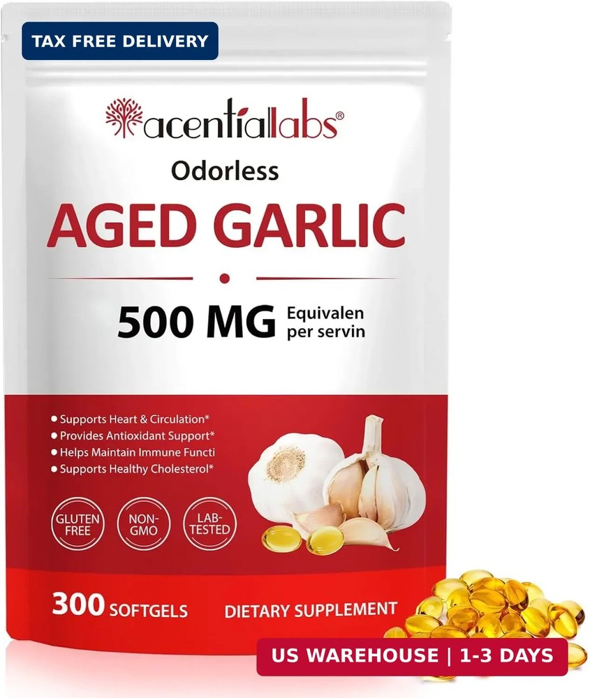 Odorless Aged Garlic Supplement – 500mg per Serving, 300 Softgels – Non-GMO