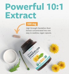 USDA Organic Dandelion Root Extract – High Potency 10:1 60 Count (Pack of 1)