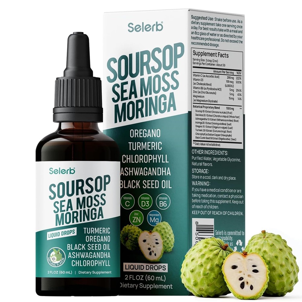 Liquid Soursop Bitters Drops with Sea Moss Moringa Turmeric Black Seed 2 Fl Oz