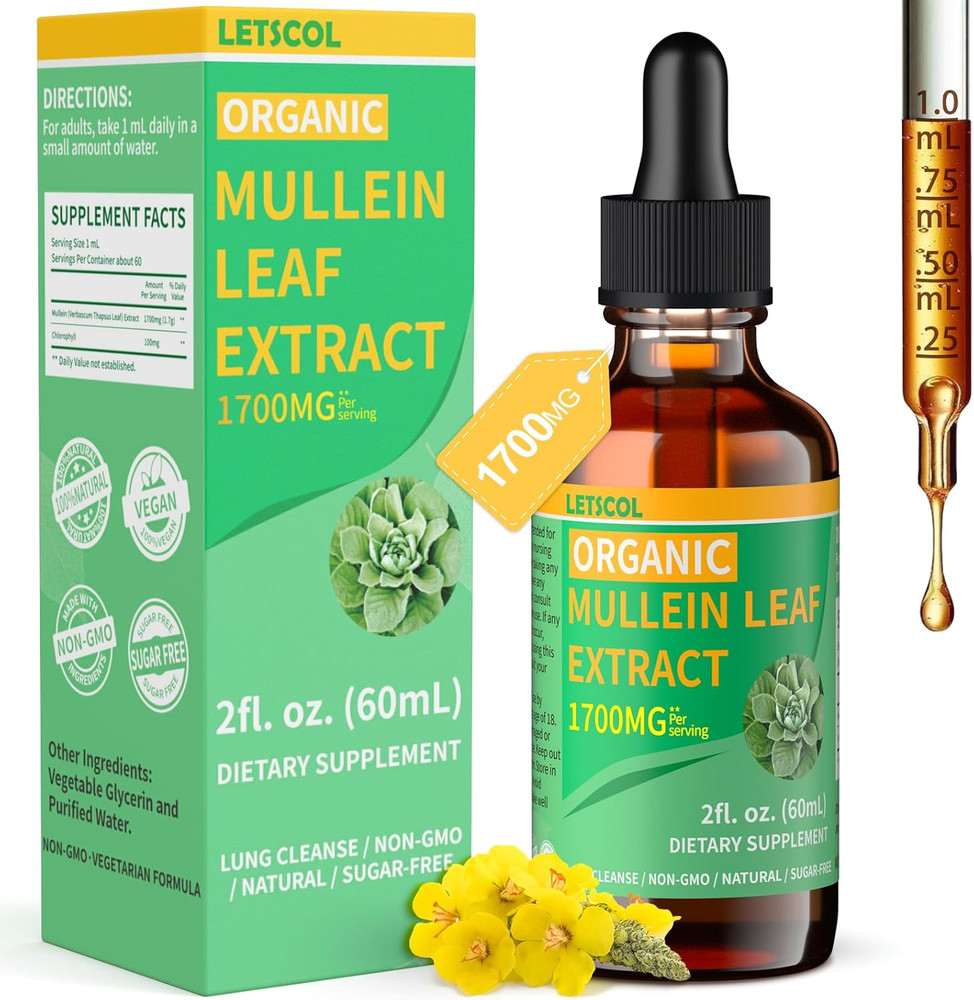 Organic Mullein Drops for Lung Cleanse, Powerful 1700mg Mullein Leaf Extract for