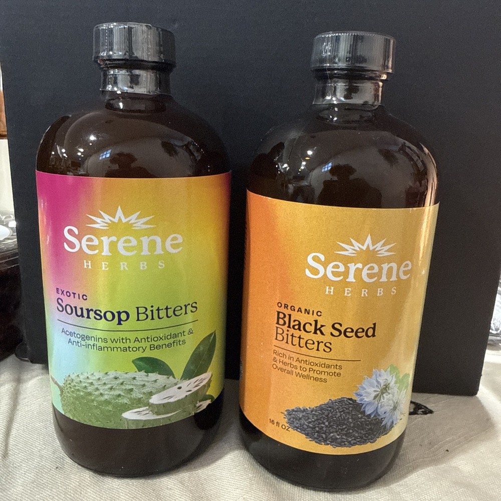 Serene Herbs Soursop Bitters Liquid & Black Seed Bundle Organic 16oz Each.