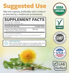 USDA Organic Dandelion Root Extract – High Potency 10:1 60 Count (Pack of 1)