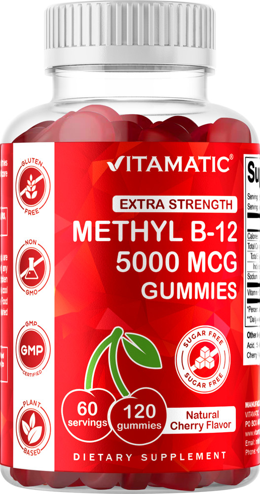 Vitamatic Extra Strength Vitamin B12 5000 mcg (Methyl B12) Gummies – 120 Count