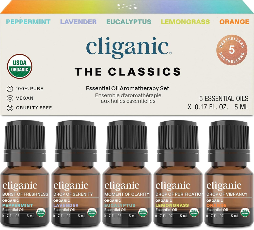 Cliganic Organic Essential Oils Set (Top 5 – The Classics) – 100% Pure Natural –
