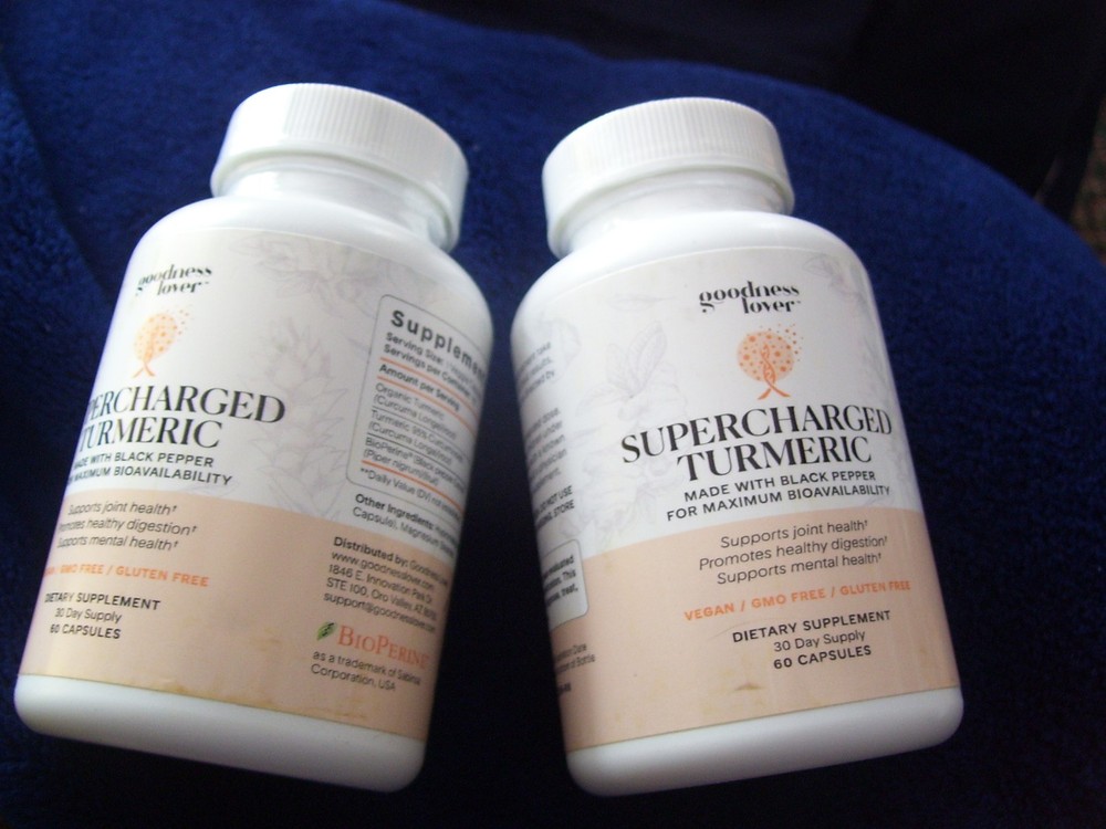 2 SUPERCHARGED TURMERIC by GOODNESS LOVER 2 BOTTLES 120 CAPSULES & BLACK PEPPER