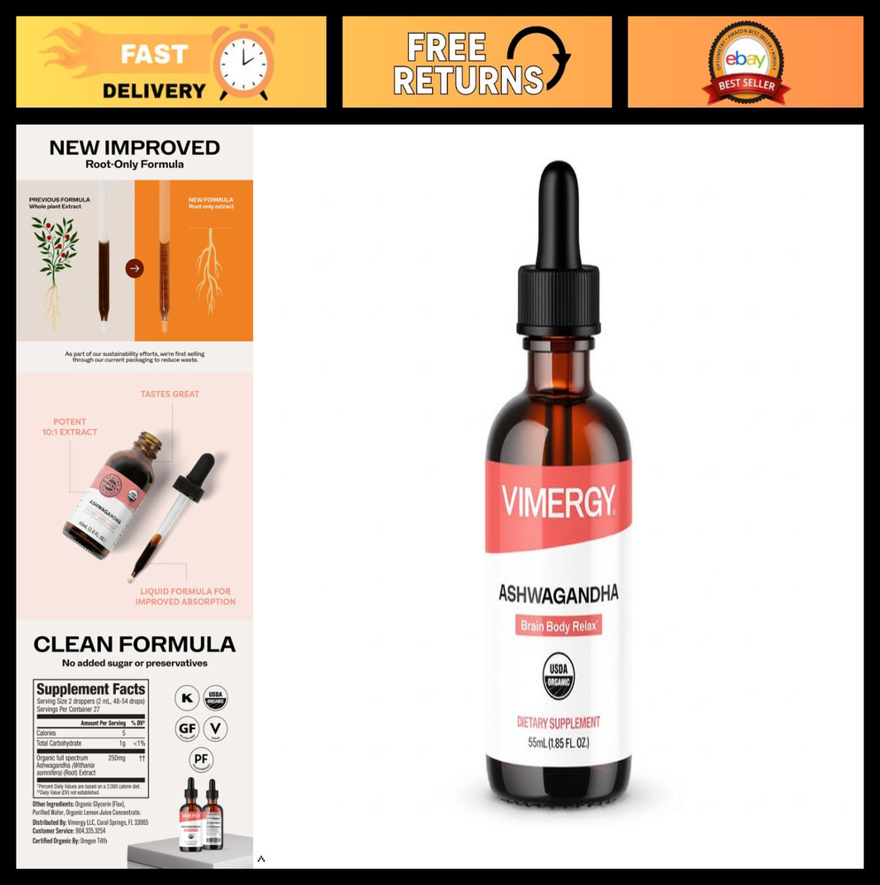 Organic Ashwagandha Liquid Extract 220mg, Stress Relief, Mood Support, Vegan, No