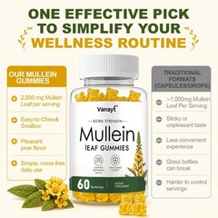 60 Count Mullein Gummies for Lung Cleanse, 2000mg Organic Mullein Leaf Extract