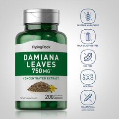 Damiana Leaf Extract Capsules | 750 mg | 200 Count | Non-GMO | by Piping Rock